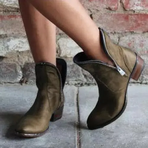 Women's Zipper Ankle Boots Low Heel Boots