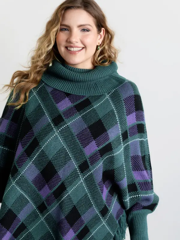 Holiday Plaid Turtleneck Fringe Hem Pullover