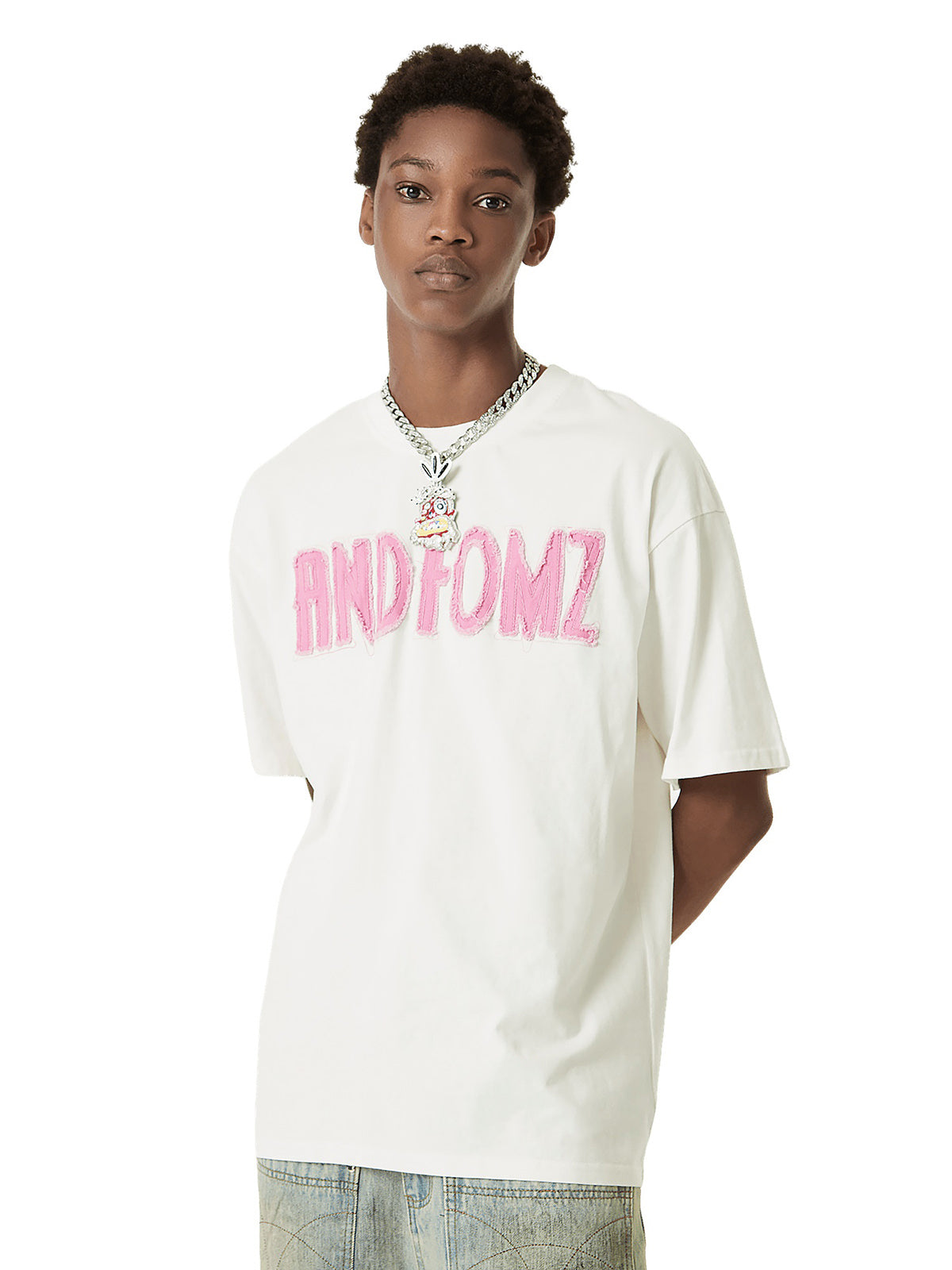 Pink Letter Applique Street Rap T-shirt - 2145