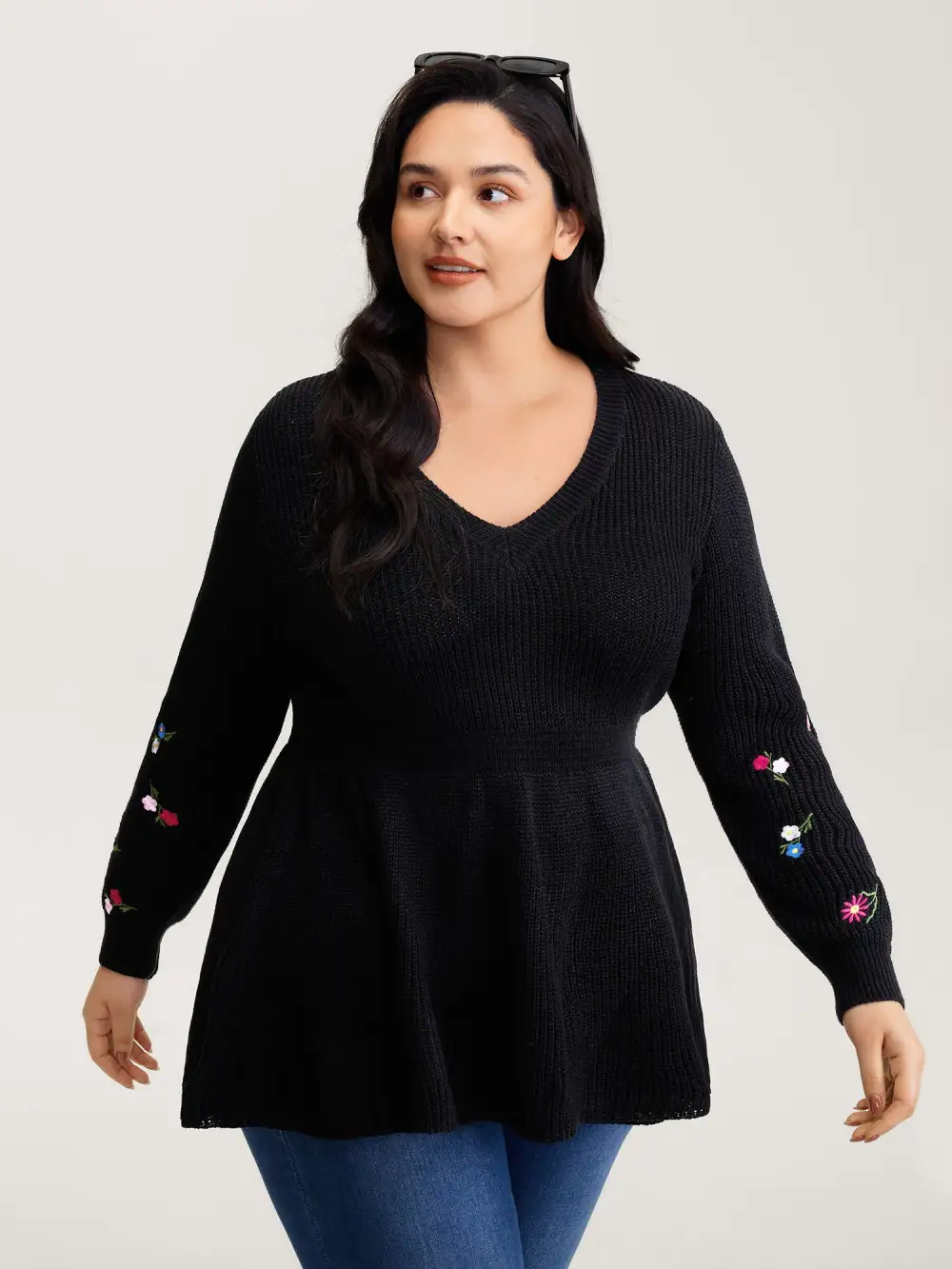 Embroidered Sleeve Stretchy Cinched-Waist Pullover