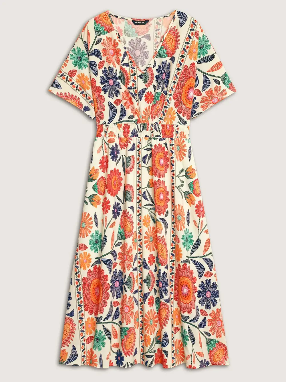 Floral Print Gathered Waist Pleated Midi Dress