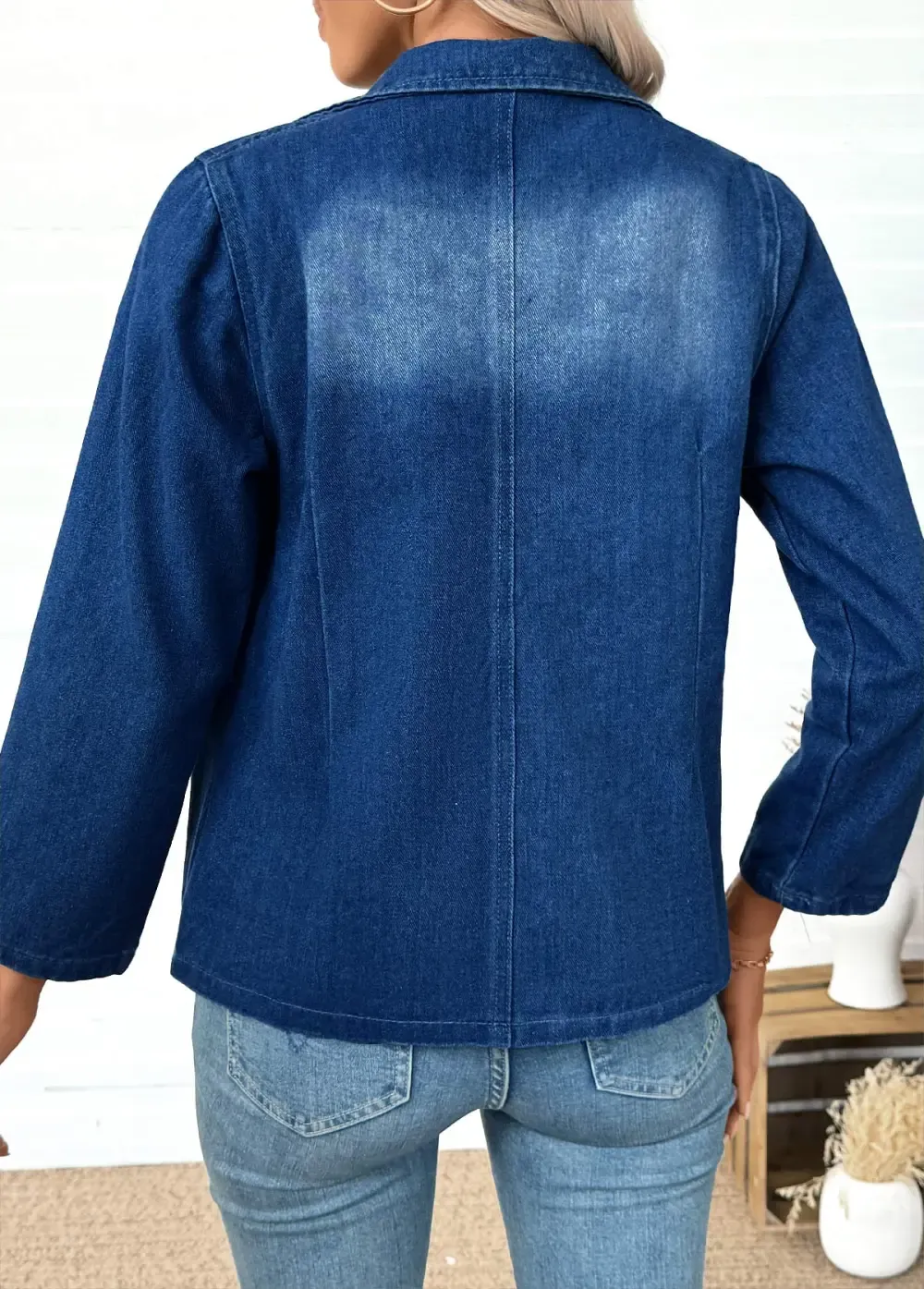 Denim Blue Tummy Coverage Long Sleeve Lapel Coat