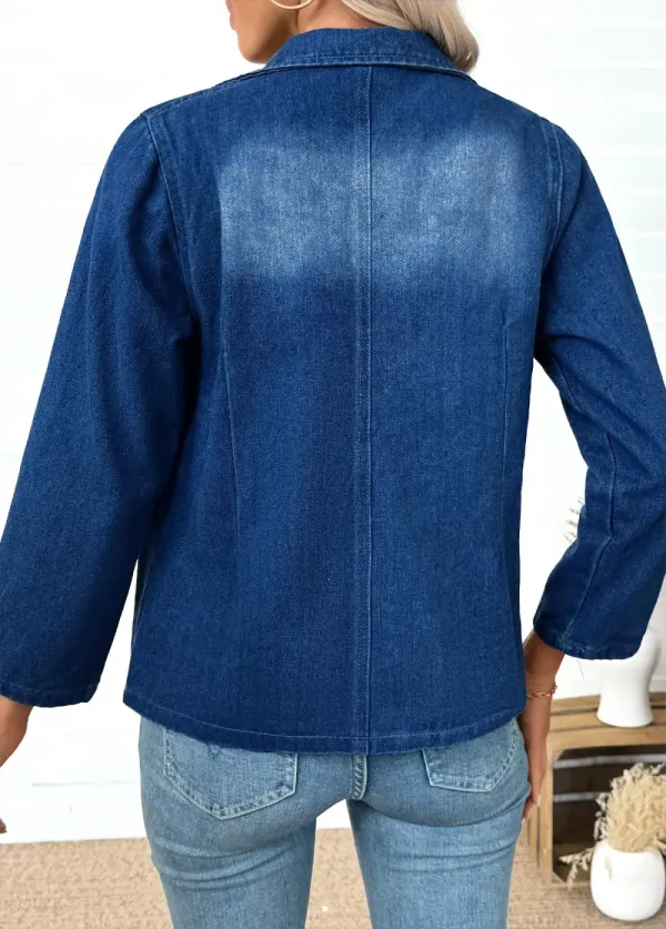 Denim Blue Tummy Coverage Long Sleeve Lapel Coat
