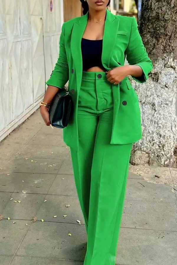 Green Notched Lapel Double Breasted Pant Set