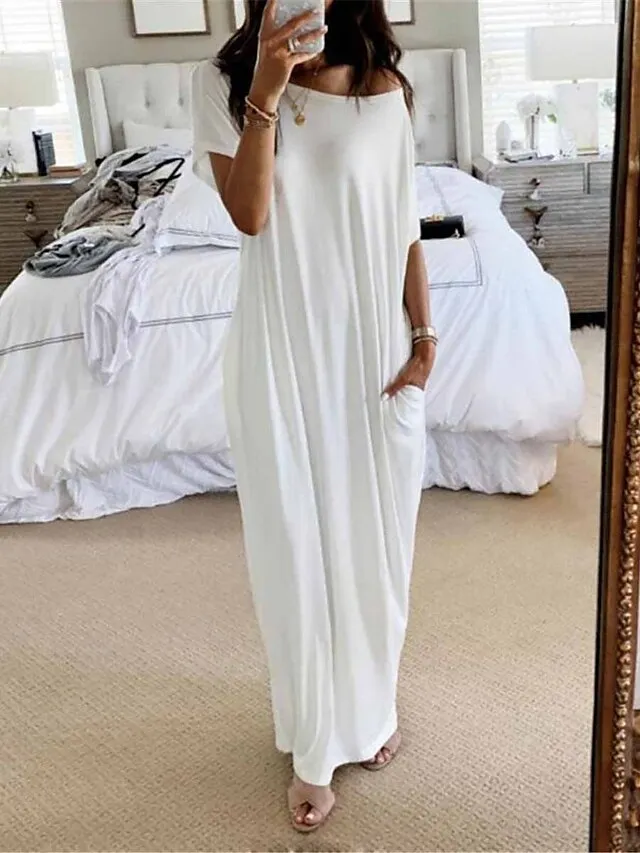 Women's Pajamas Nightgown Dress Pure Color Simple Casual Soft Home Daily Bed Polyester Breathable Short Sleeve Pocket Summer Spring Black White
