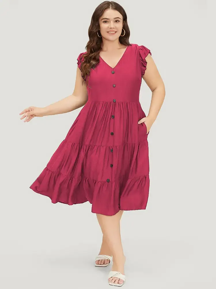 Plain Pocket Button Detail Ruffle Layered Hem Dress