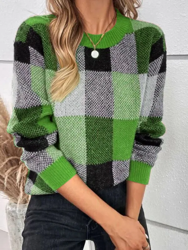 Casual Cotton Plaid Pattern Drop Shoulder Sweater
