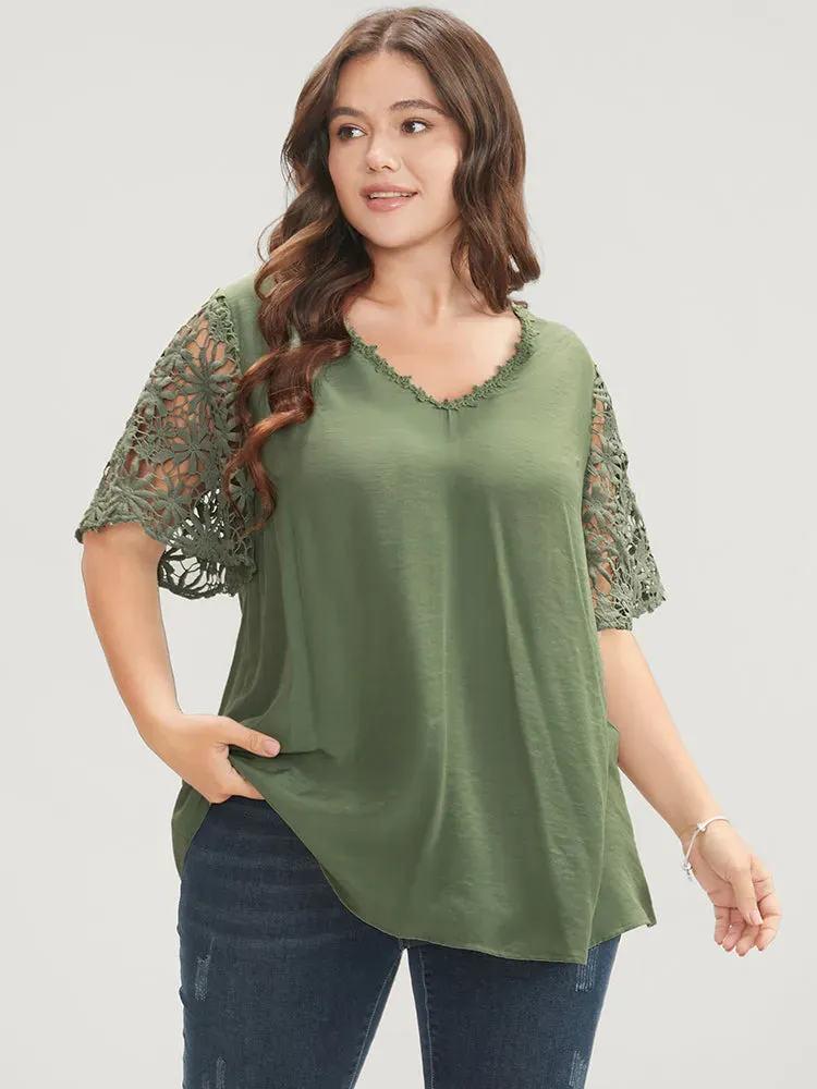 Plain V Neck Floral Patchwork Blouse