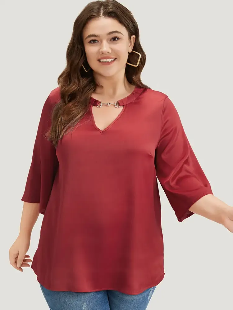 Anti-Wrinkle Plain Buckle Detail Neck Cut Out Blouse