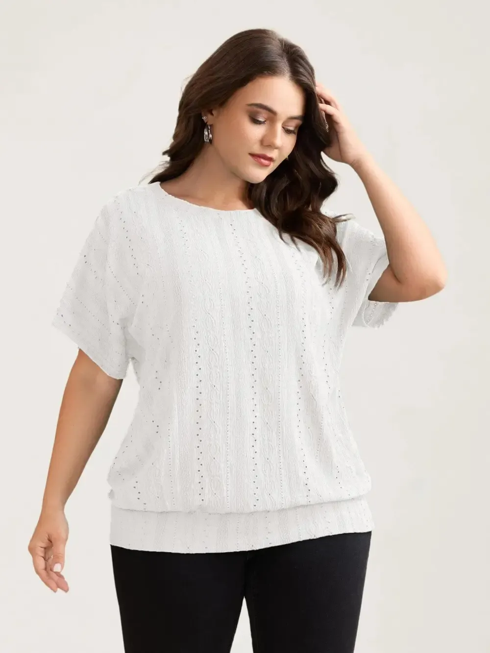 Eyelet Trim Stretchy Textured Plain Top