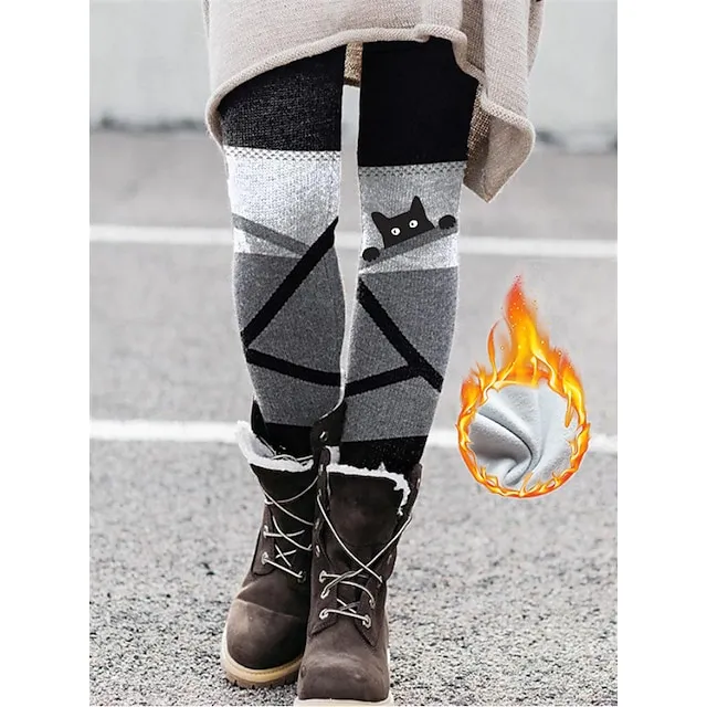 Women's Fleece Lined Leggings Warm Full Length Winter Leggings Print Micro-elastic Mid Waist Fashion Christmas Gifts Christmas Black Yellow S M Winter