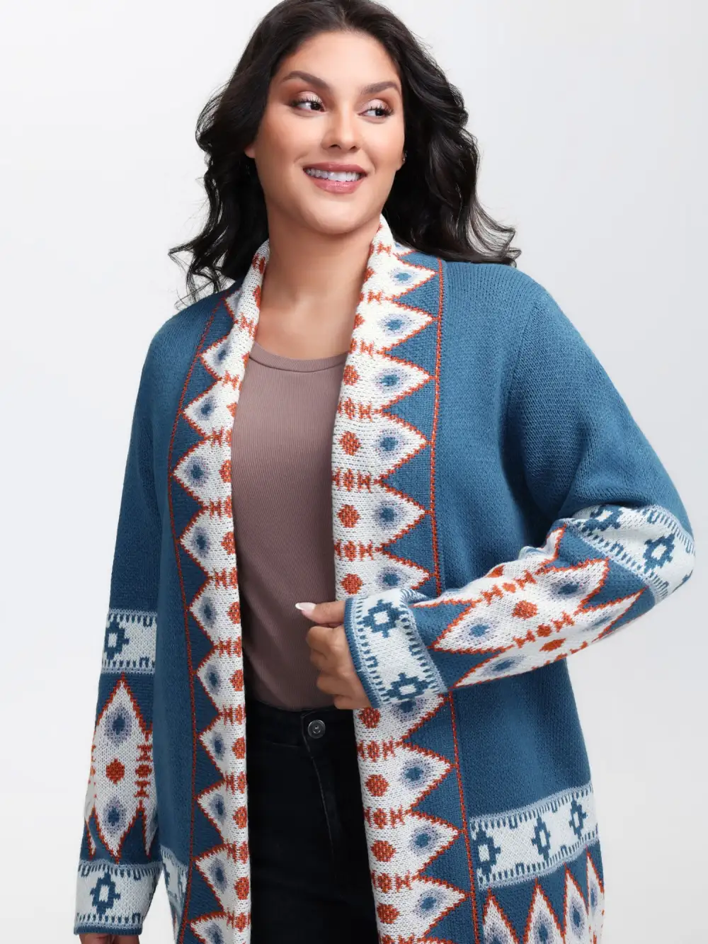 Boho Pattern Jacquard Folded Collar Knit Cardigan