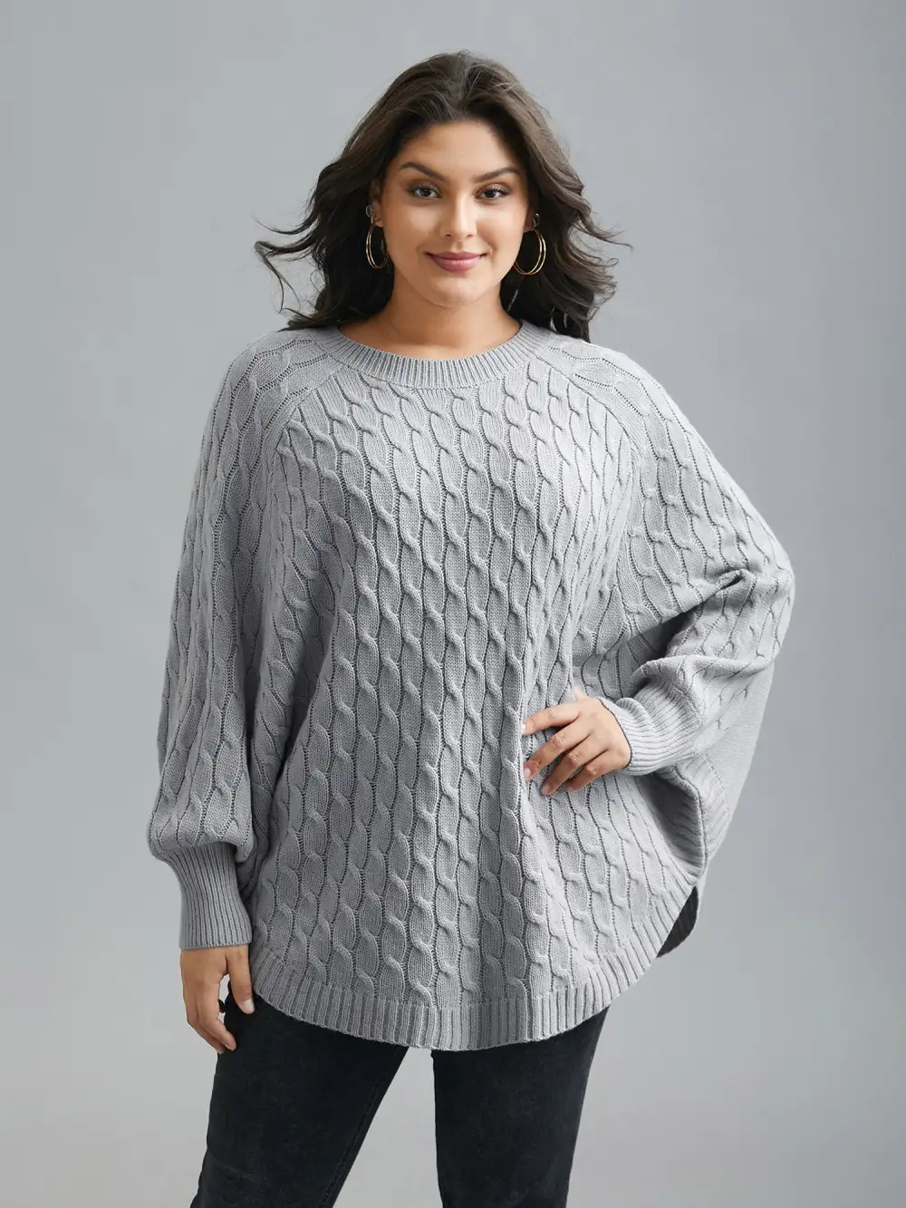 Cable Knit Dolman Sleeve Curved Hem Pullover