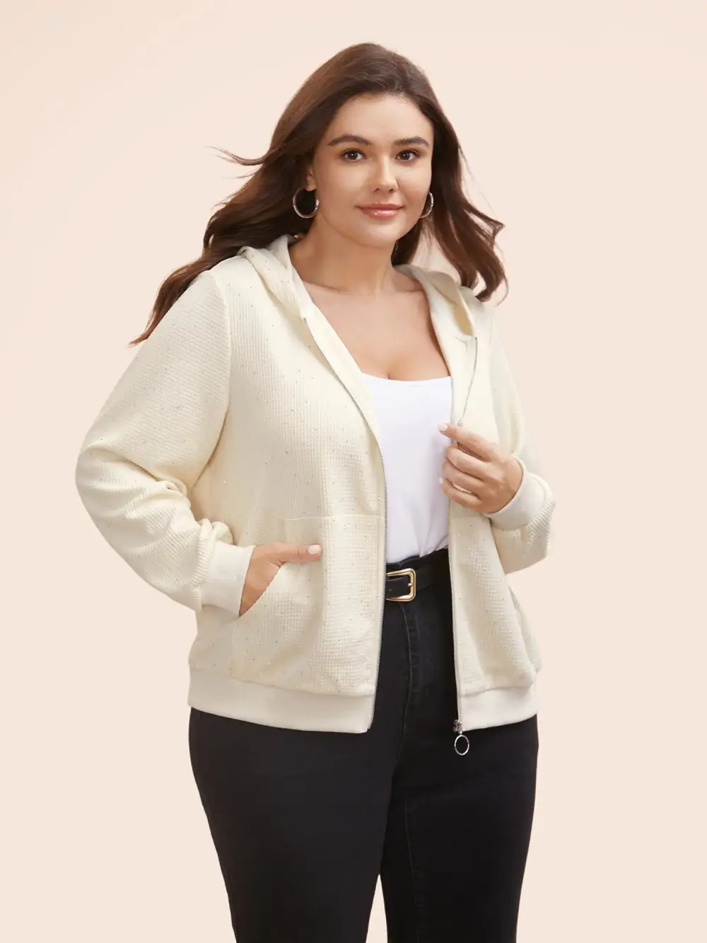 Textured Rhinestone Hooded O Ring Zipper Sweatshirt