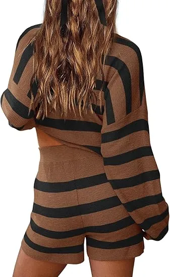 Womens Oversized Lounge Sets 2 Piece Outfits Striped Matching Pajama Set Long Sleeve Sweater Set