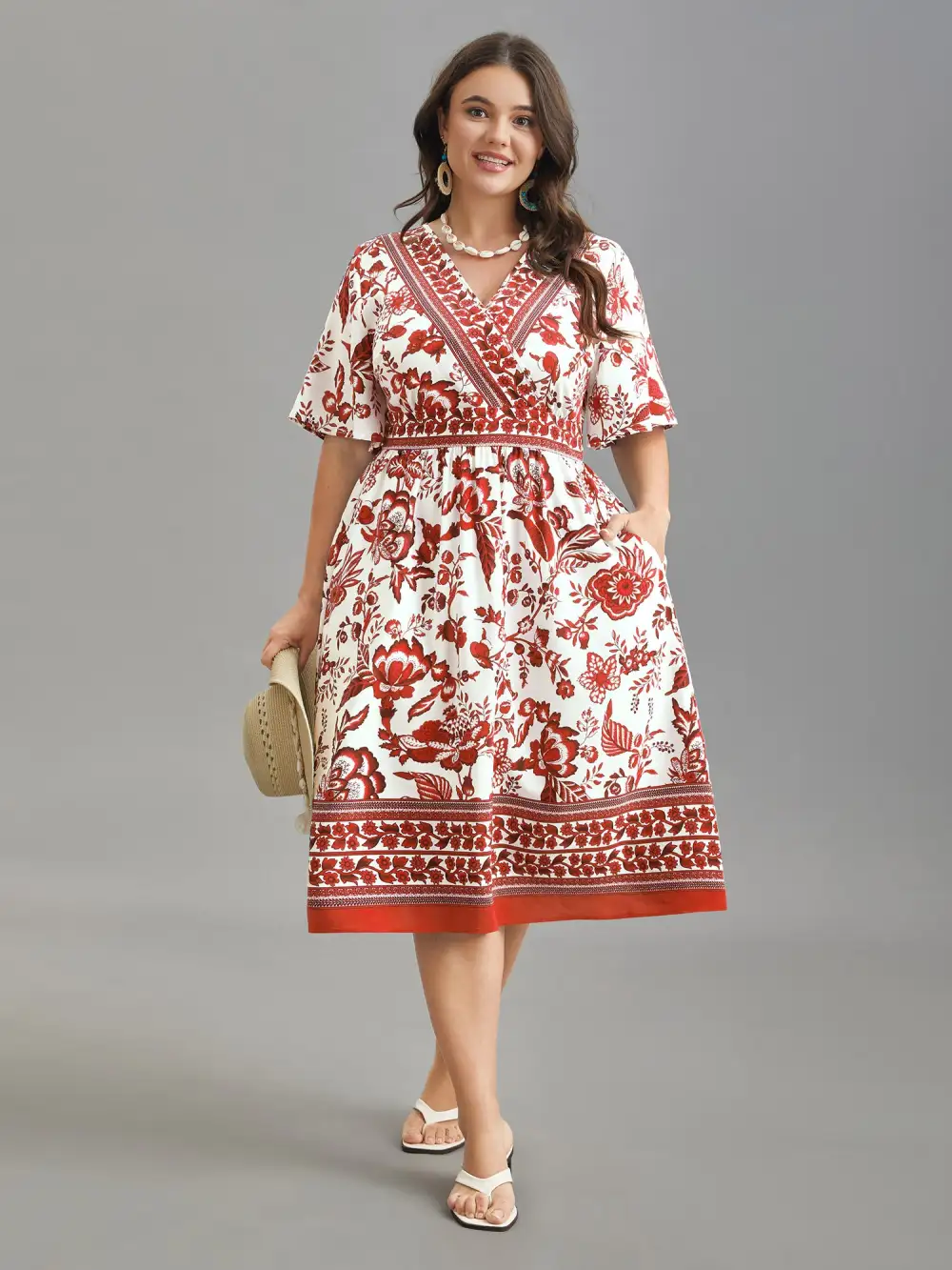 Floral Print Wrap-Neck Pocket Midi Dress