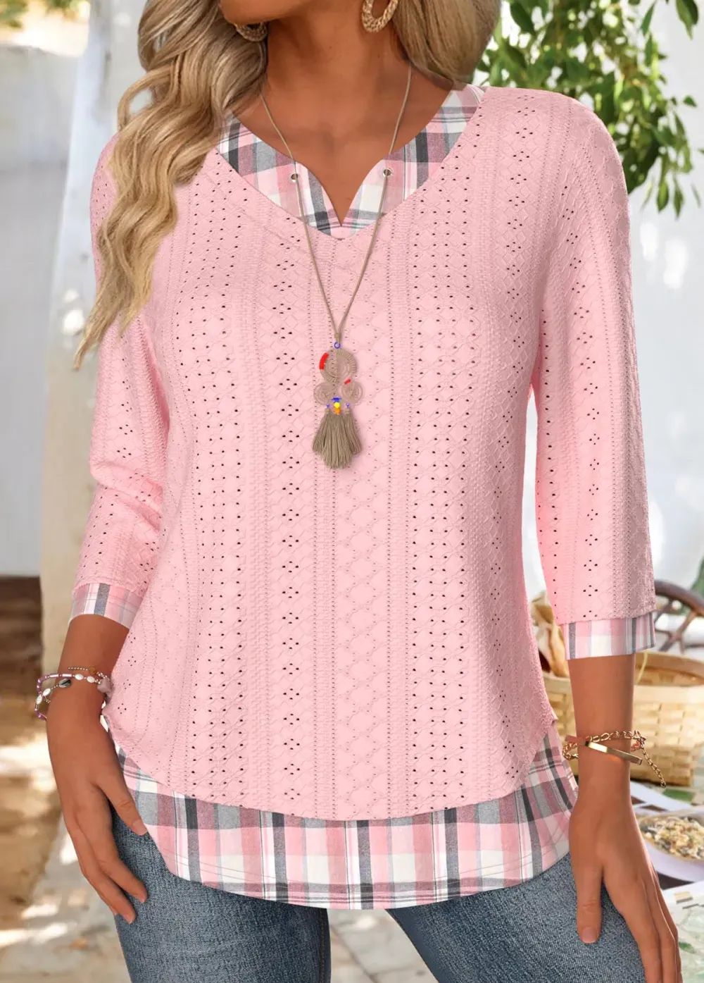 Light Pink Plaid 3/4 Sleeve Split Neck T Shirt