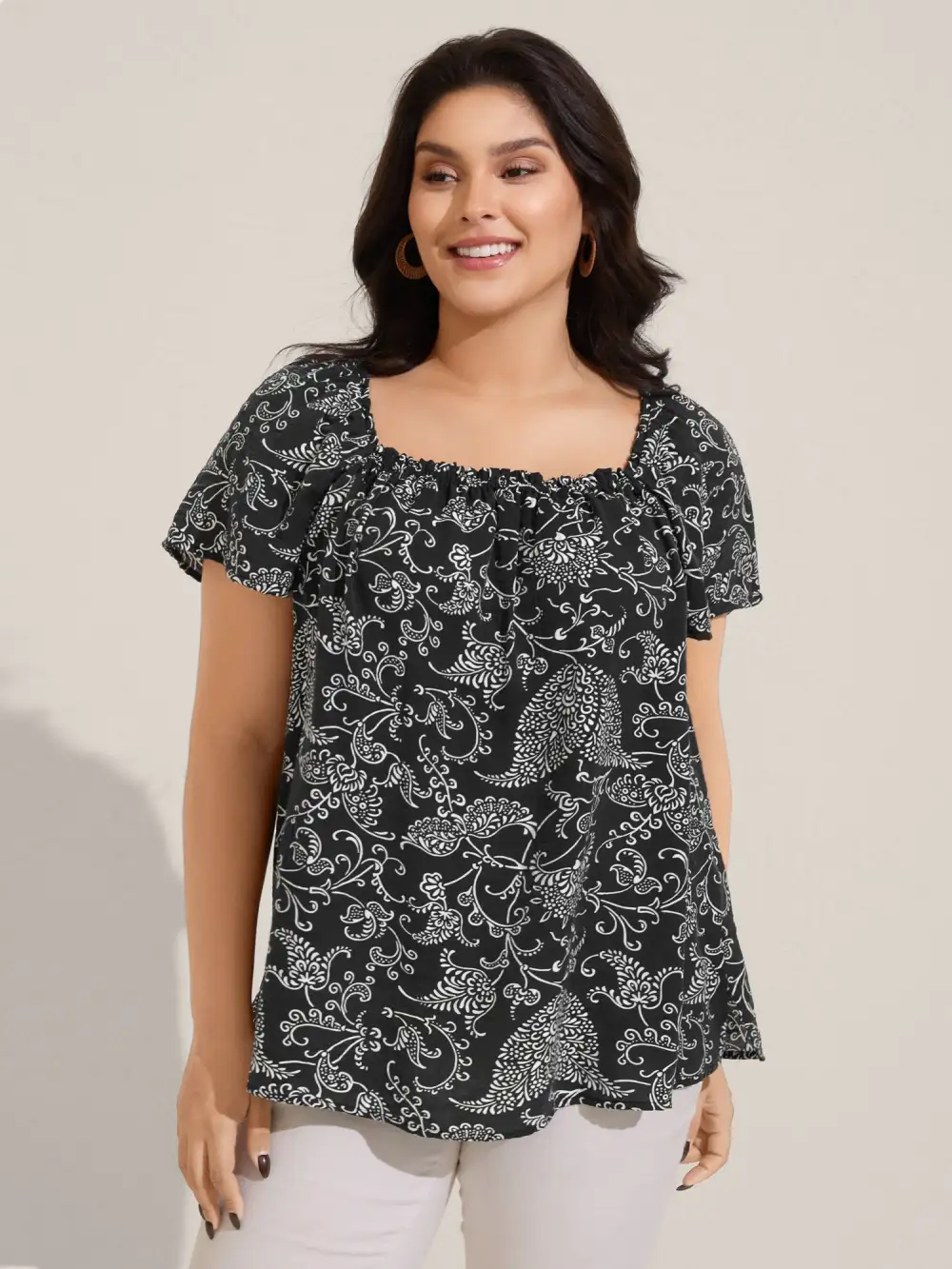 Floral Print Shirred Neck Flowy Blouse