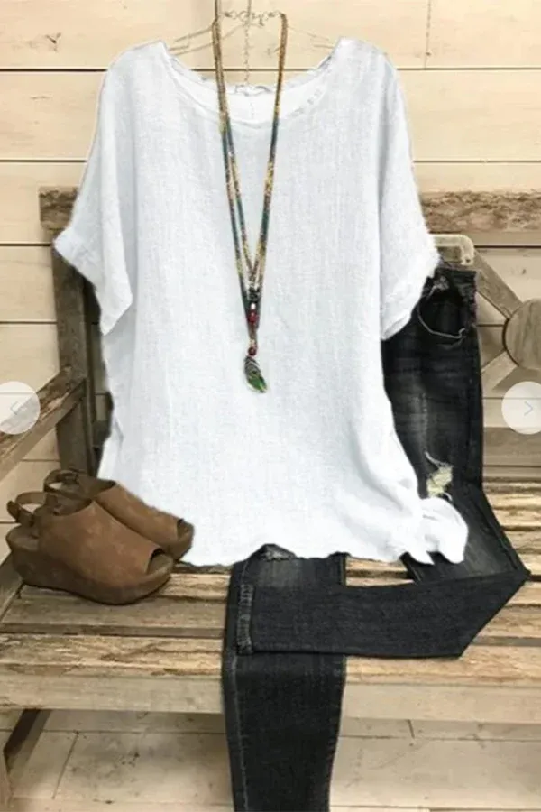 Solid Casual Round Neck Cotton & Linen T-shirt