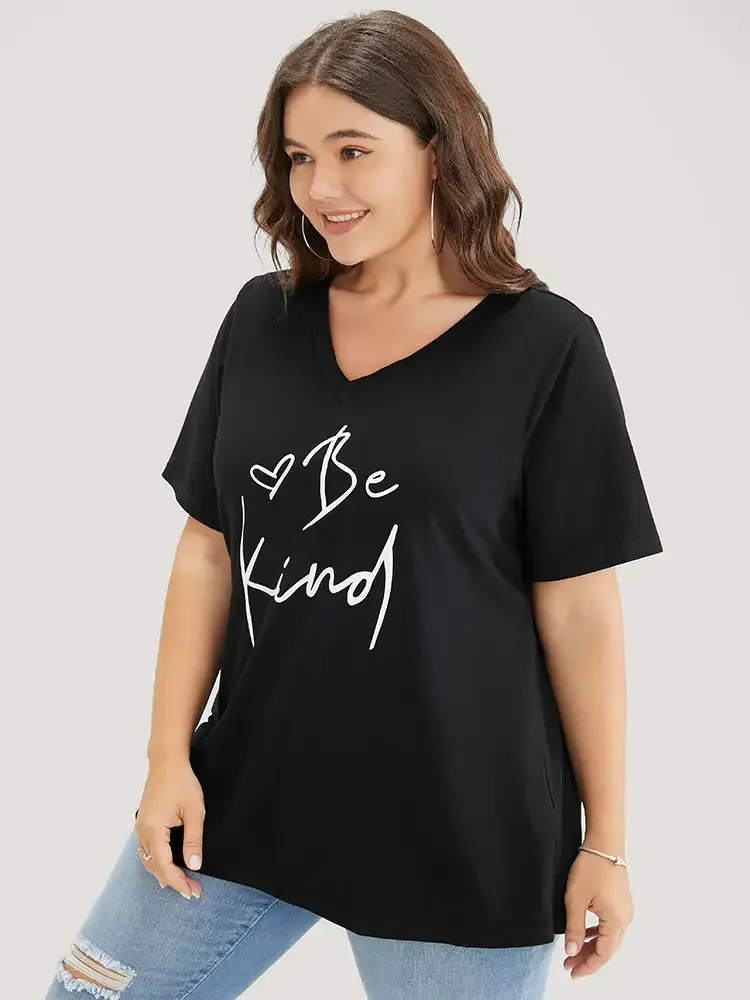 Letter & Heart Print V Neck T-shirt