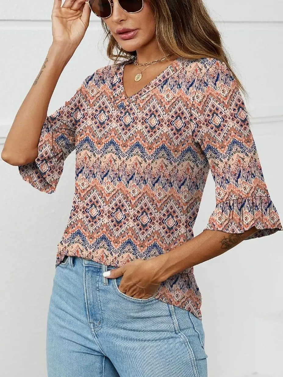 ✨Womens 3/4 Length Sleeve V-Neck Eyelet Casual Ruffle Sleeve Tunic Blouses