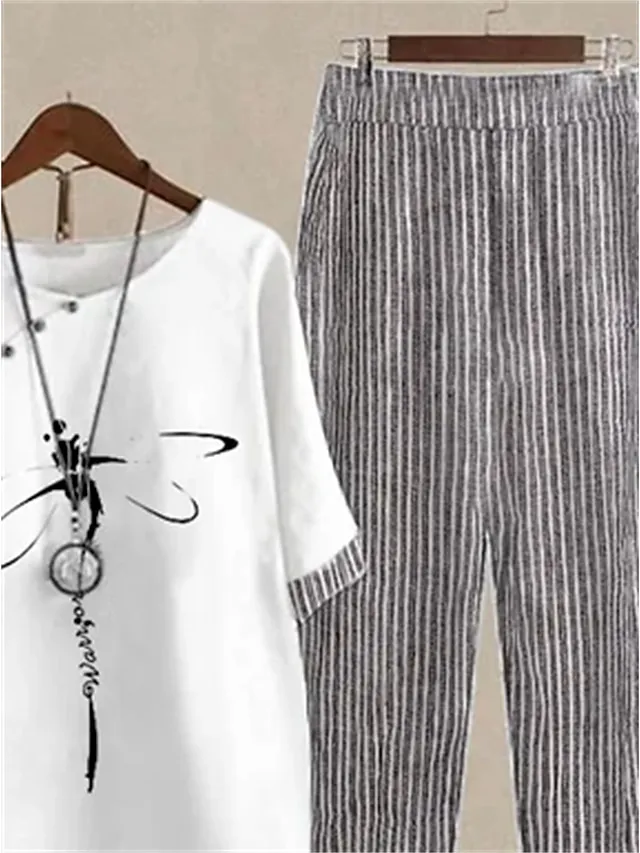 Women's Shirt Pants Sets Graphic Striped Holiday Weekend Print Black Half Sleeve Elegant Fashion Basic Round Neck Fall & Winter