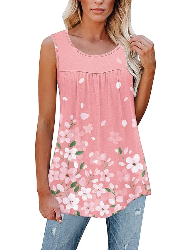Women's Tank Top Black White Pink Floral Print Sleeveless Casual Holiday Basic Round Neck Regular Floral S