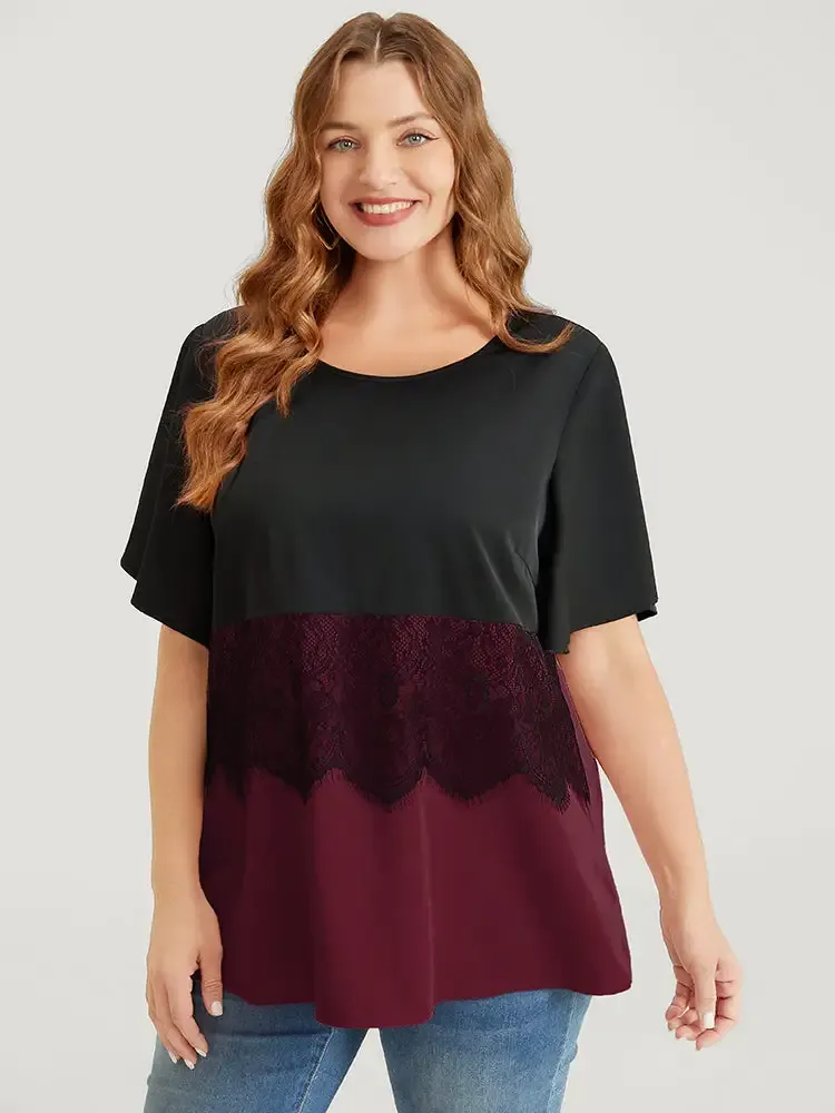 Colorblock Contrast Lace Panel Ruffles Blouse