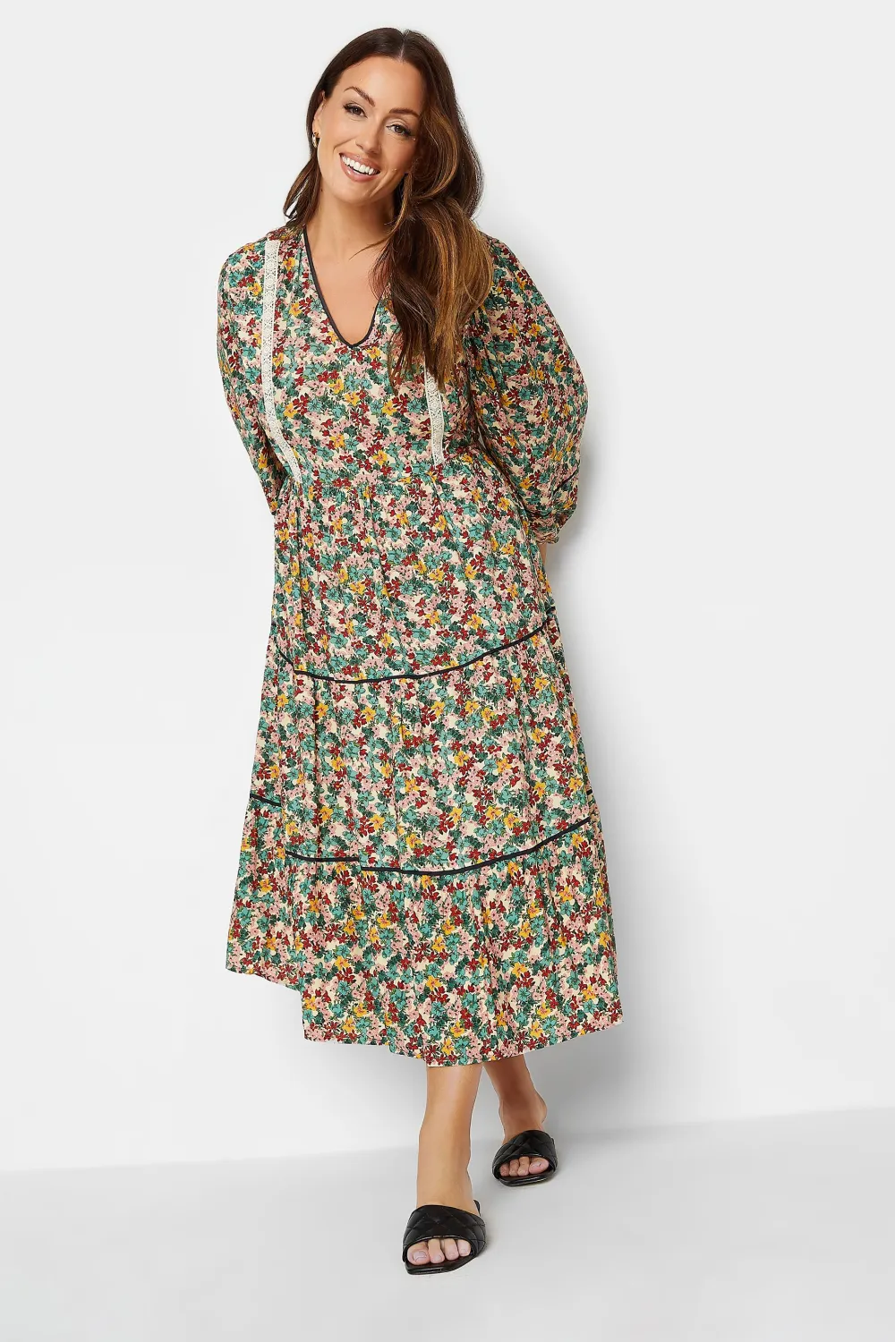 M&Co Green Floral Print Crochet Trim Maxi Dress