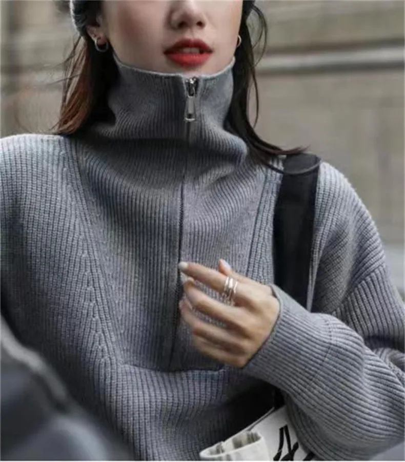 Two Wear Half Zip Large Lapel Soft Waxy Sweater