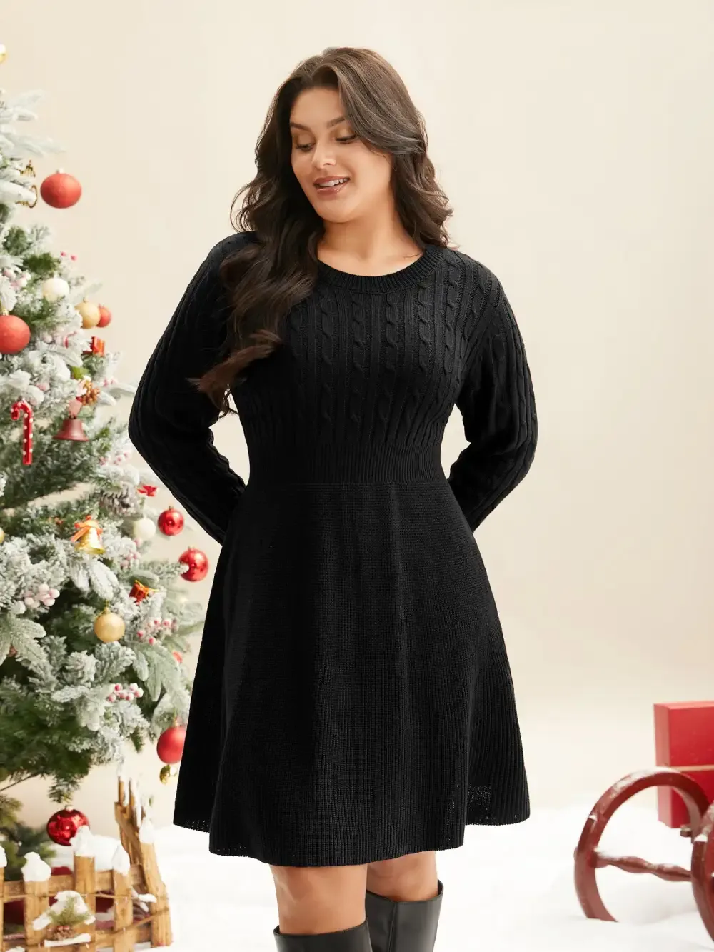 Cable Knit Fit-And-Flare Midi Sweater Dress