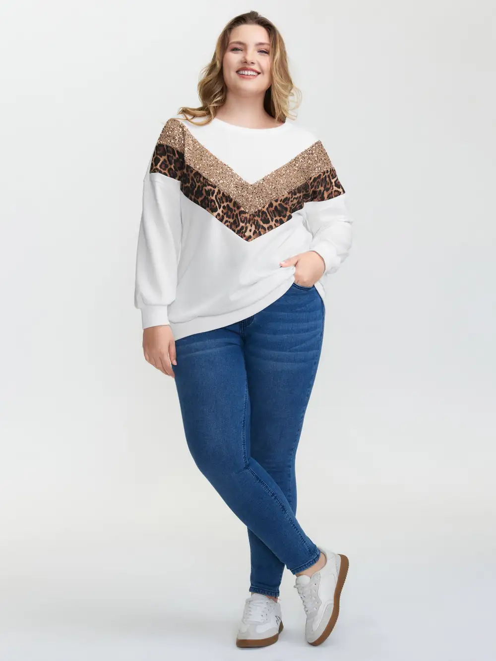 Leopard Print Sequin Contrast Sweatshirt