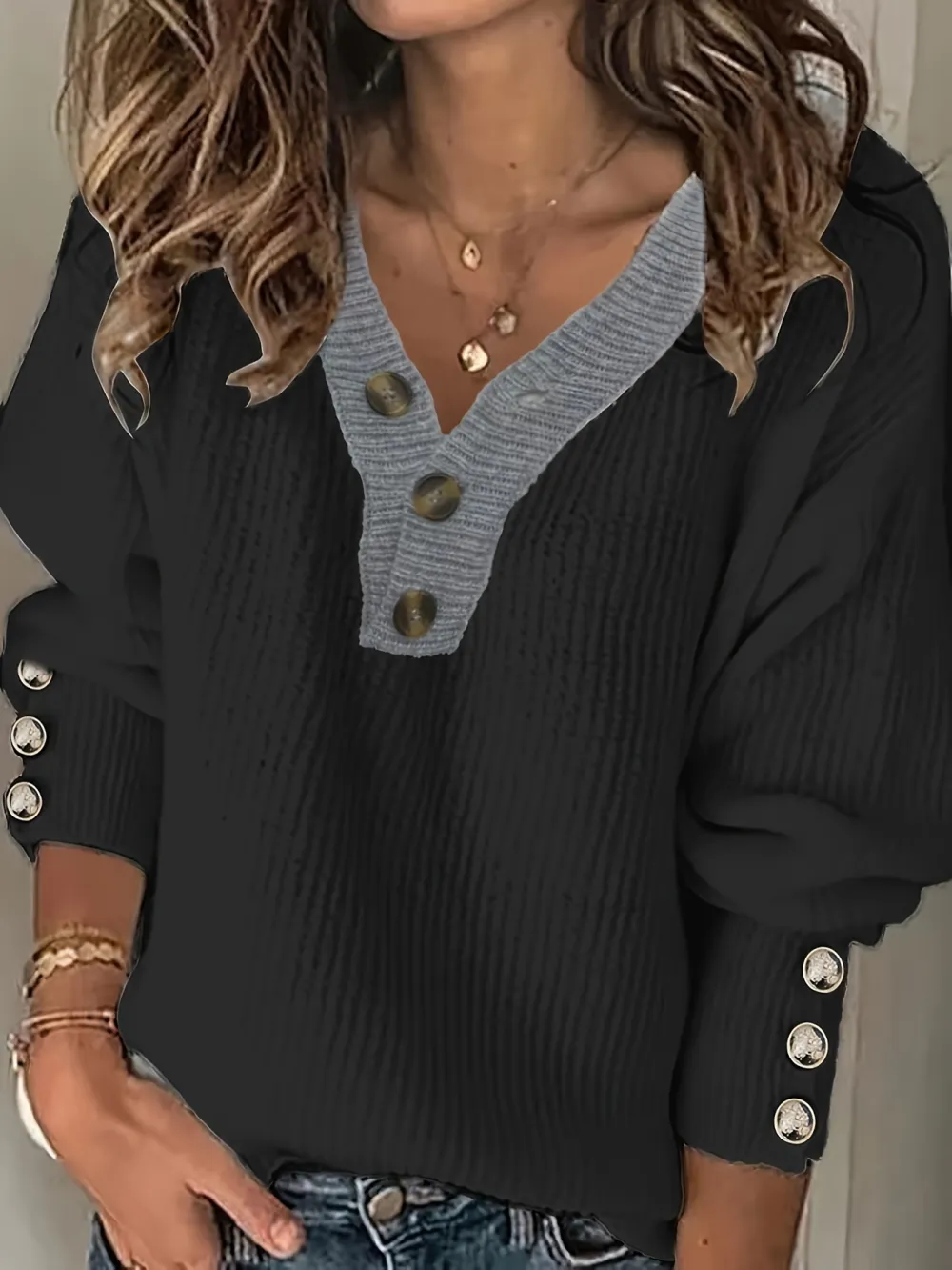 Chic Contrast Trim Womens V Neck Sweater