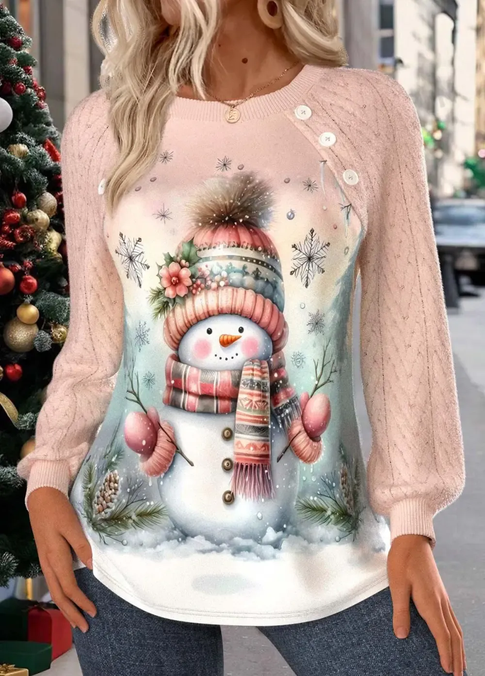 Christmas Light Pink Patchwork Snowman Print Long Sleeve Sweatshirt
