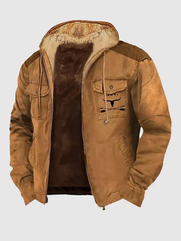 Men's Retro Tribal Print Velvet Double Pocket Zip Hooded Jacket