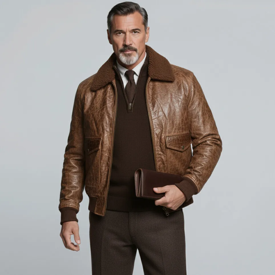 Men's Brown Plush Shirt Collar Long Sleeve Crocodile Flap Pockets Zipper PU Leather Jacket