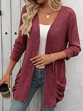 Women's Winter Coat Comfortable Breathable Pocket Open Front Elegant Casual Plain Vacation Street Casual Daily Wear Open Front Regular Collarless Regular Fit Long Sleeve Outerwear Pink Red Blue