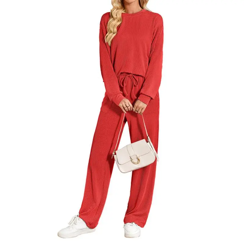 Women's 2-Piece Ribbed Knit Lounge Set – Long Sleeve Top & Pants, Summer Casual Matching Outfit