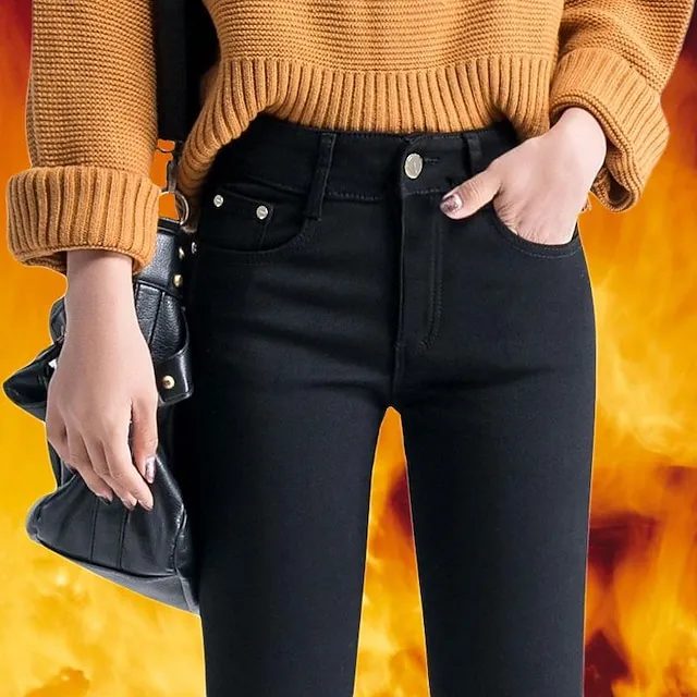 Women‘s Fleece Pants Tights Flannel Trousers lined Blue Purple Wine High Waist Fashion Office Causal Side Pockets High Elasticity Full Length Thermal Warm S M L XL XXL