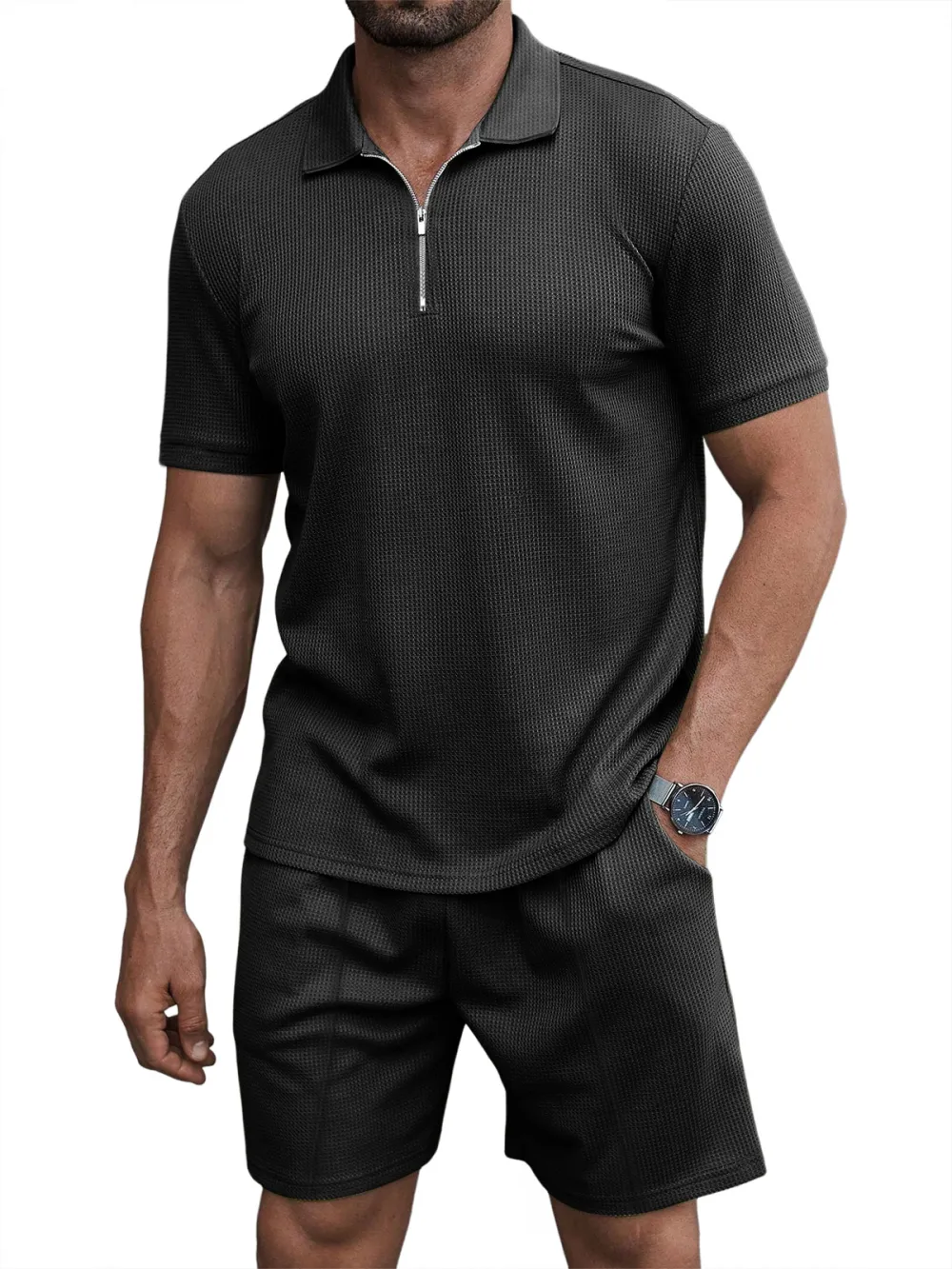 Men's Casual Waffle Zipper Short Sleeve Polo Suit