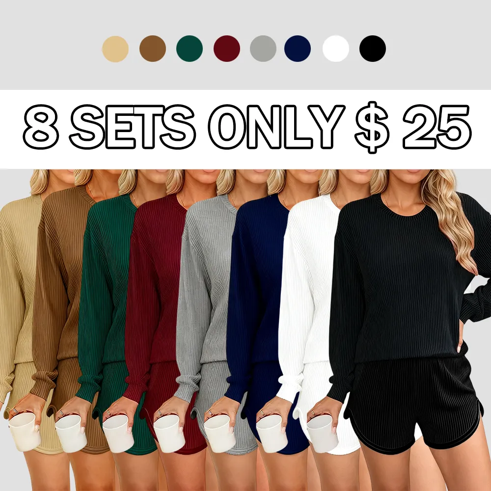 Women’s Ribbed Pajama Sets Long Sleeve Top and Shorts