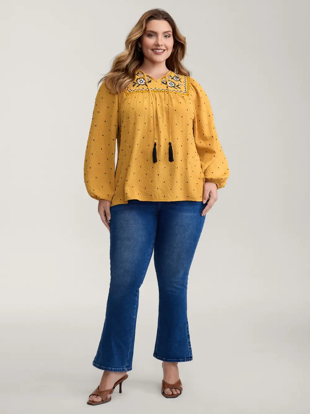 Textured Dot Embroidered Tassel Flowy Blouse