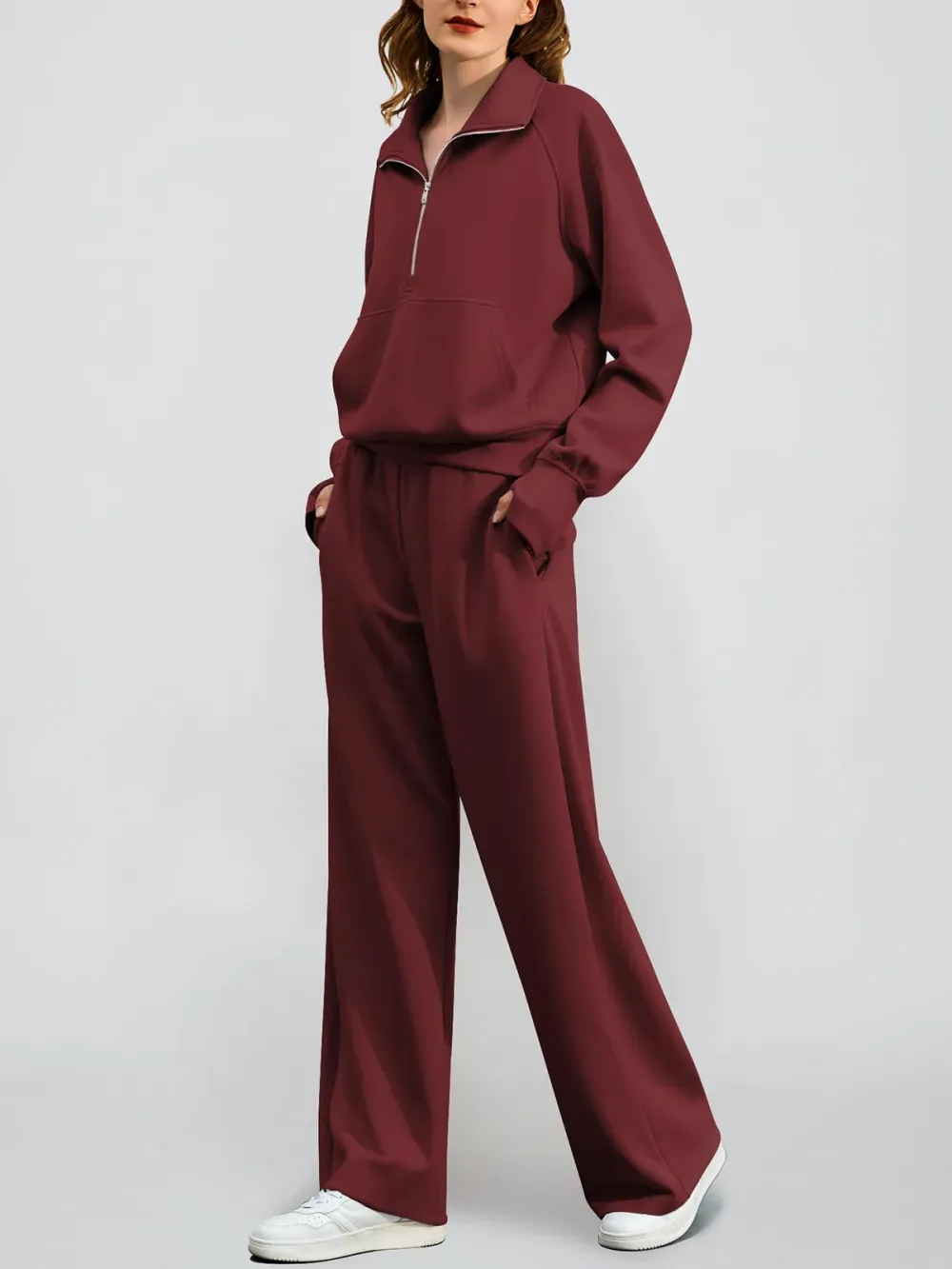 Women's Oversized Half Zip Wide Leg 2 Piece Outfits Lounge Set