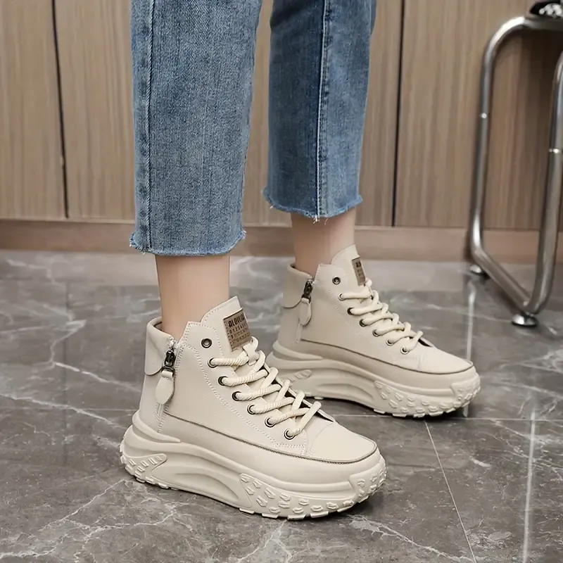 Womens Fashionable Platform Sneakers - Dual Lace Up & Zipper Closure - Refined High Top Skate Style - Padded Comfort for All-Day Wear - Instant Height Boost - Ideal for Sports & Casual Chic