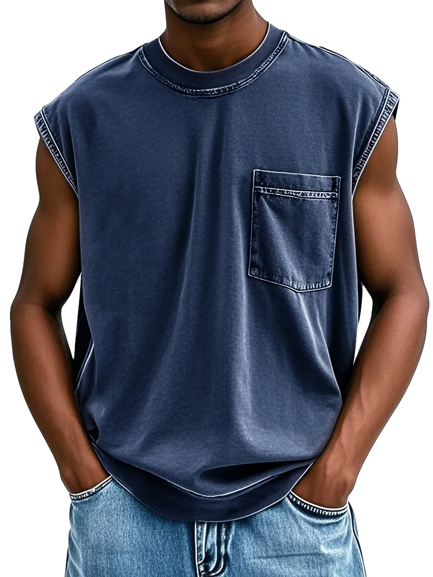 Men's Stylish Retro Distressed Short-sleeved Pocket Sleeveless T-shirt 