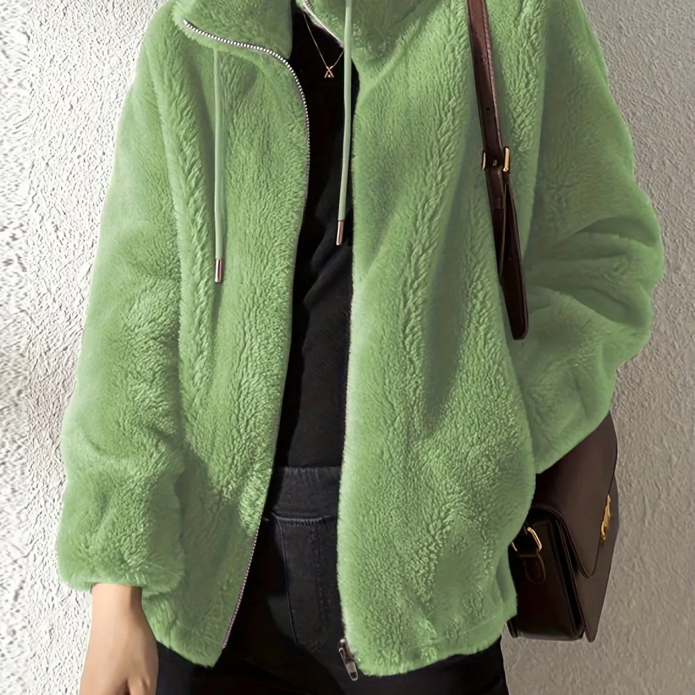 Furry Teddy Drawstring Coat - Women's Fur Outerwear, Casual Long Sleeve Zip Up Warm Jacket with Soft Plush Lining, Perfect for Winter Daily Wear