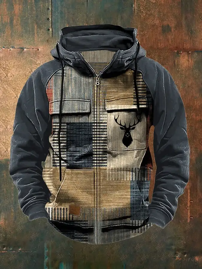 Men's Retro Casual Plaid Elk Contrast Color Jacket