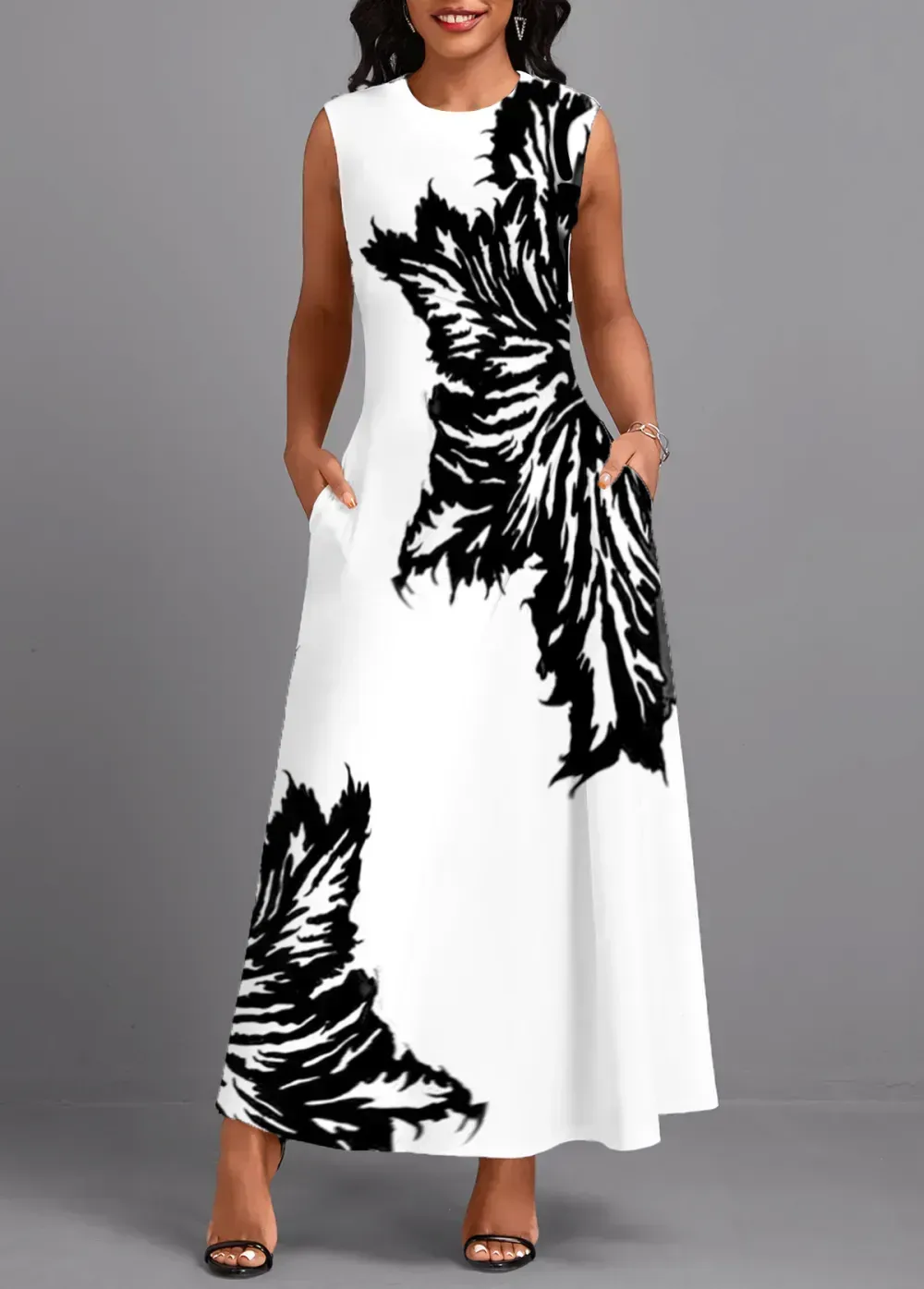 White Pocket Leaf Print Sleeveless Round Neck Maxi Dress