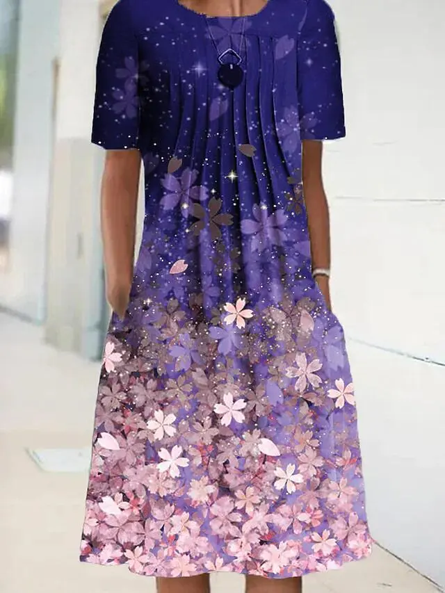 Starry and Flowers Crew Neck Midi Dress