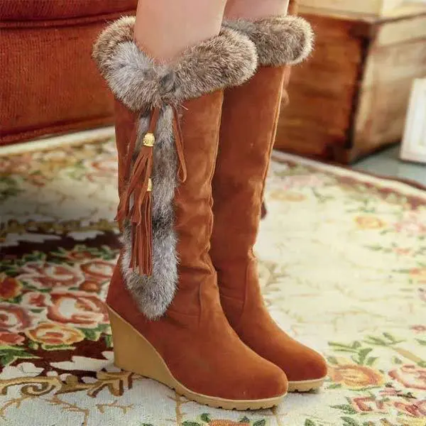 Women'S Rabbit Fur Warm Wedge Snow Boots 17020599C